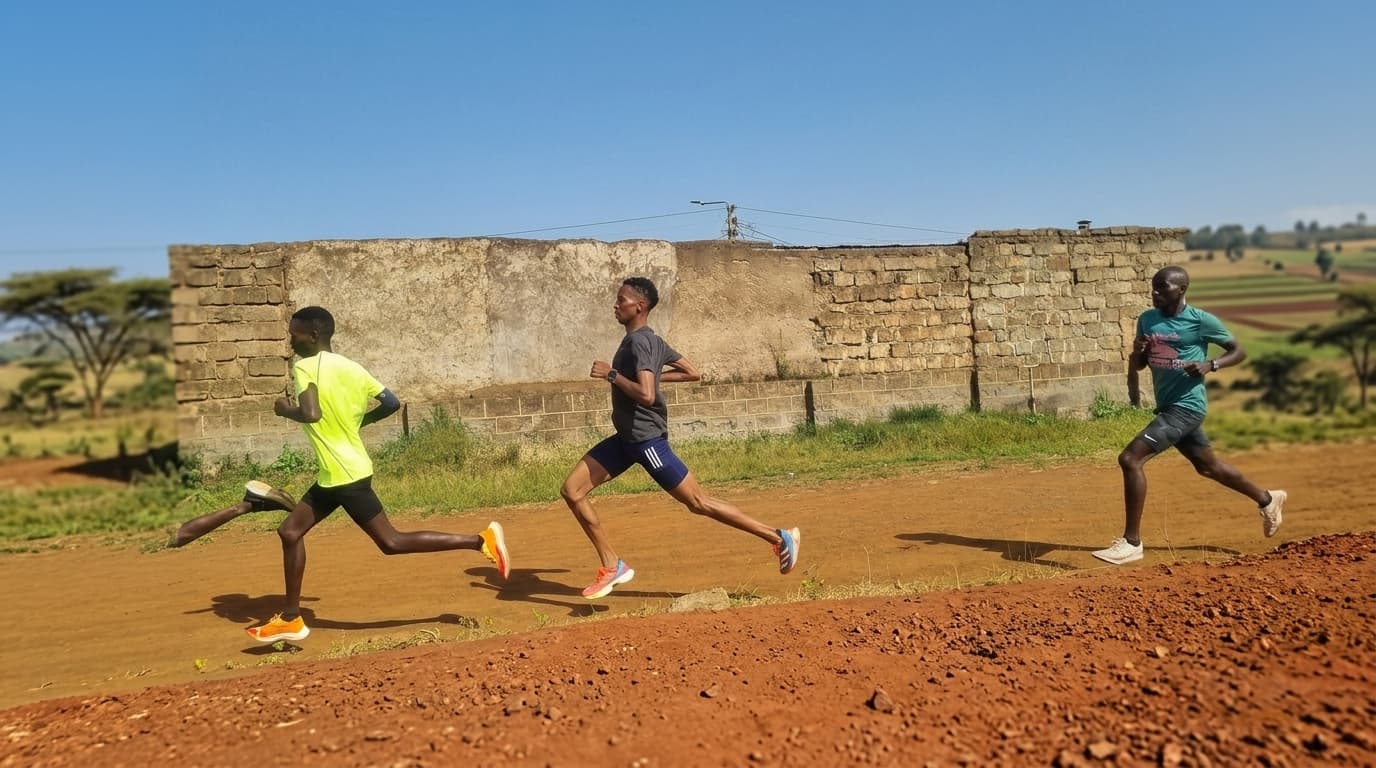 Group of runners training together on a Kenyan dirt road
